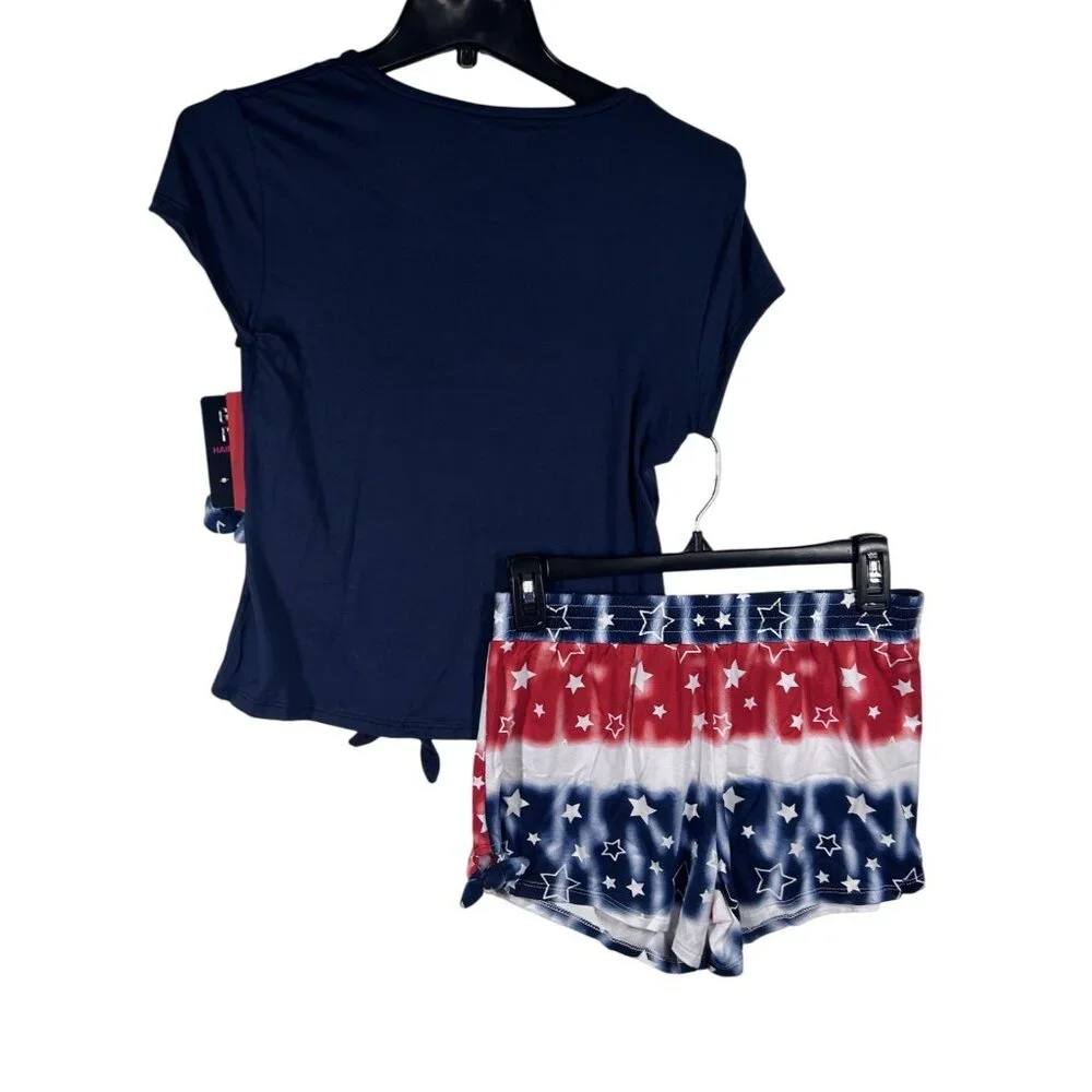Liberty Valor Girl Patriotic Pajama Set Navy Blue Stars Tie Dye Size L 14/16 NWT